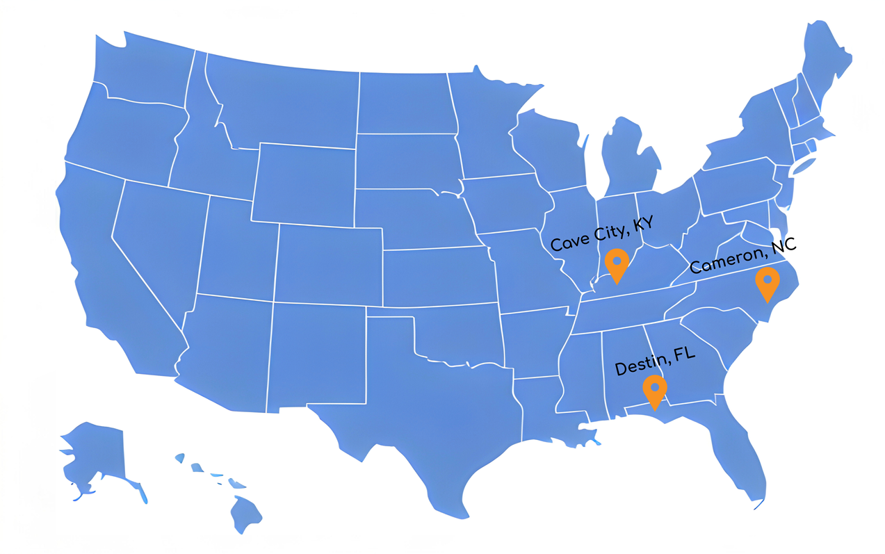 Map of the United States with orange location markers in Denver City, TN; Crossville, TN; and Emory, VA.