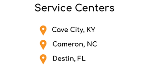 Service centers locations: Cave City, KY; Cameron, NC; and Destin, FL, each marked by a yellow pin.