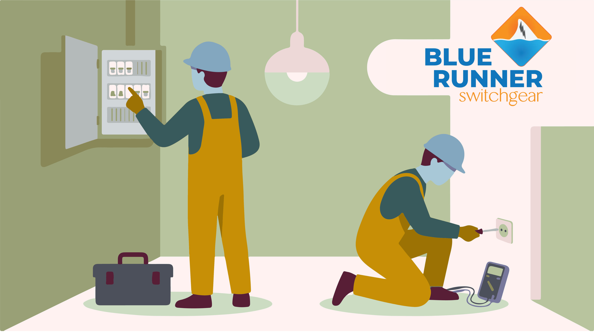 A cartoon image of electricians performing NETA-certified electrical system testing 