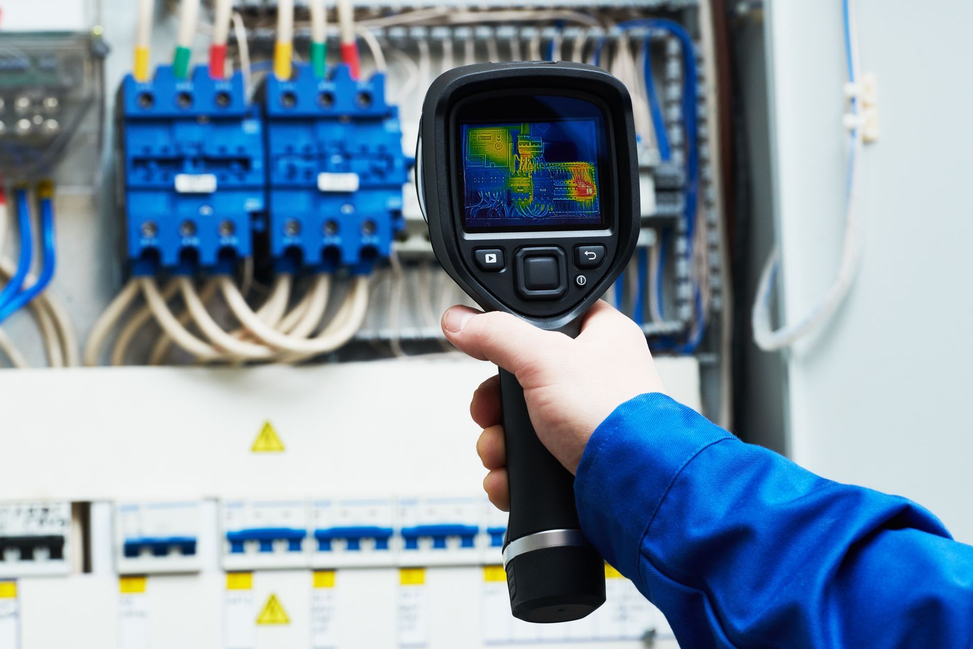 An expert technician in blue clothing, performing thermal imaging inspection on electrical equipment