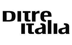 Een zwart-wit logo voor het merk Ditre Italia op een witte achtergrond.
