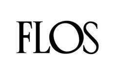 Een zwart-wit logo voor Flos verlichting op een witte achtergrond.
