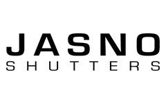 Een zwart-wit logo voor Jasno shutters op een witte achtergrond.