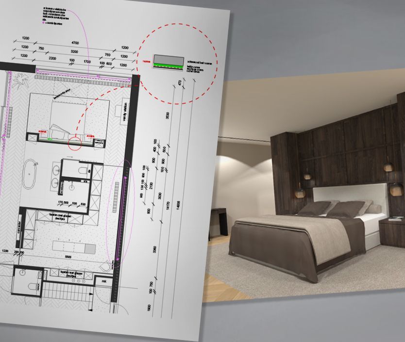 Een ontwerp plattegrond van een slaapkamer naast een foto ervan