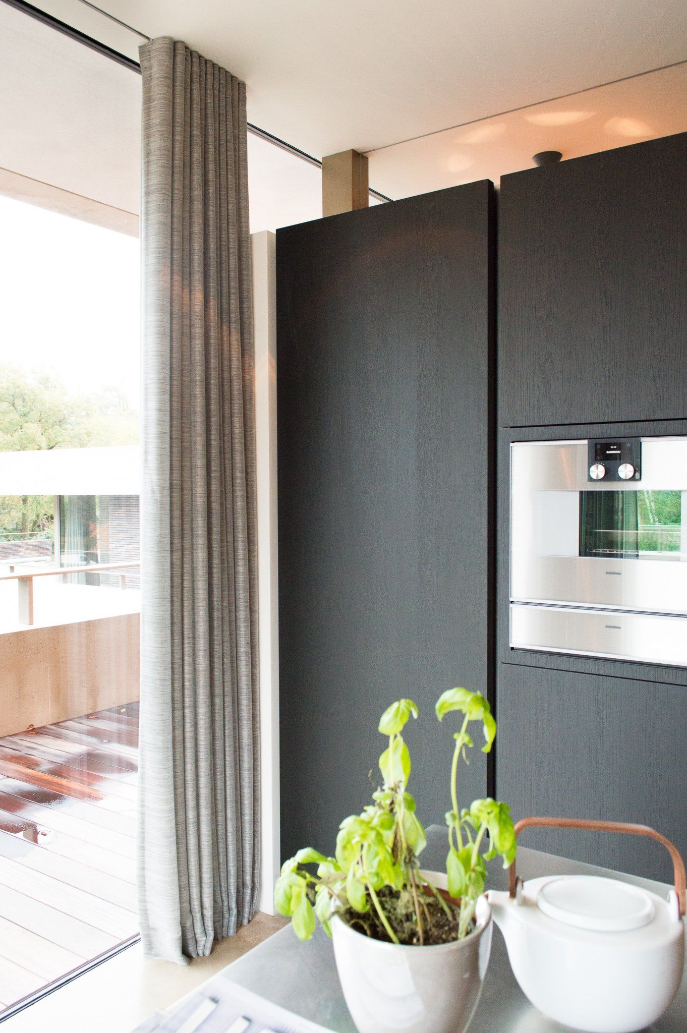 Een potplant staat op een aanrecht in een keuken