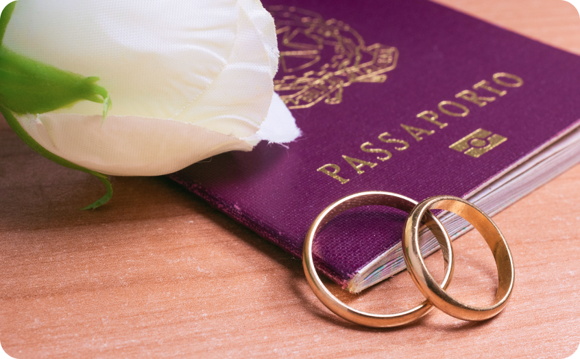 Um par de alianças de casamento em cima de um passaporte