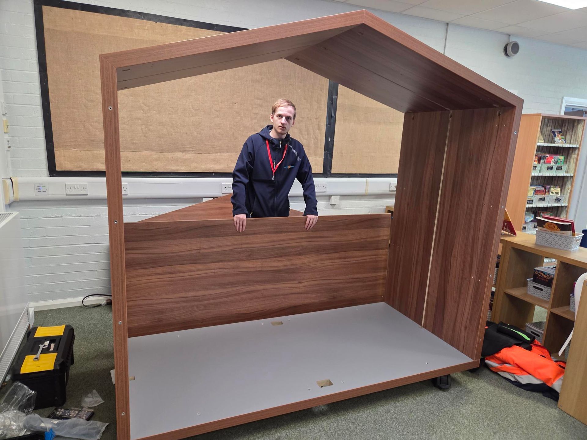 Kevin Wheatley relaxes after sensory nook install at Willow Primary School Doncaster Yorkshire Luke from Stride Yorkshire helps install sensory nook at Willow Primary School Doncaster