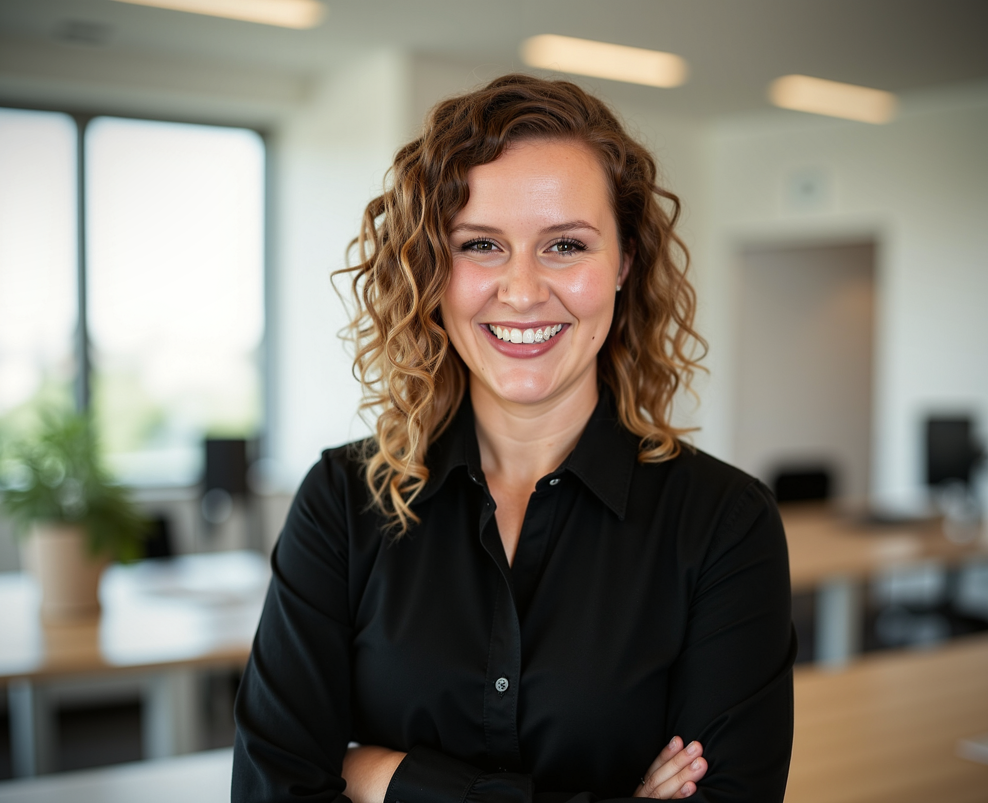 Woman with curly hair smiles, arms crossed, in a bright office. She wears a black button-down shirt.