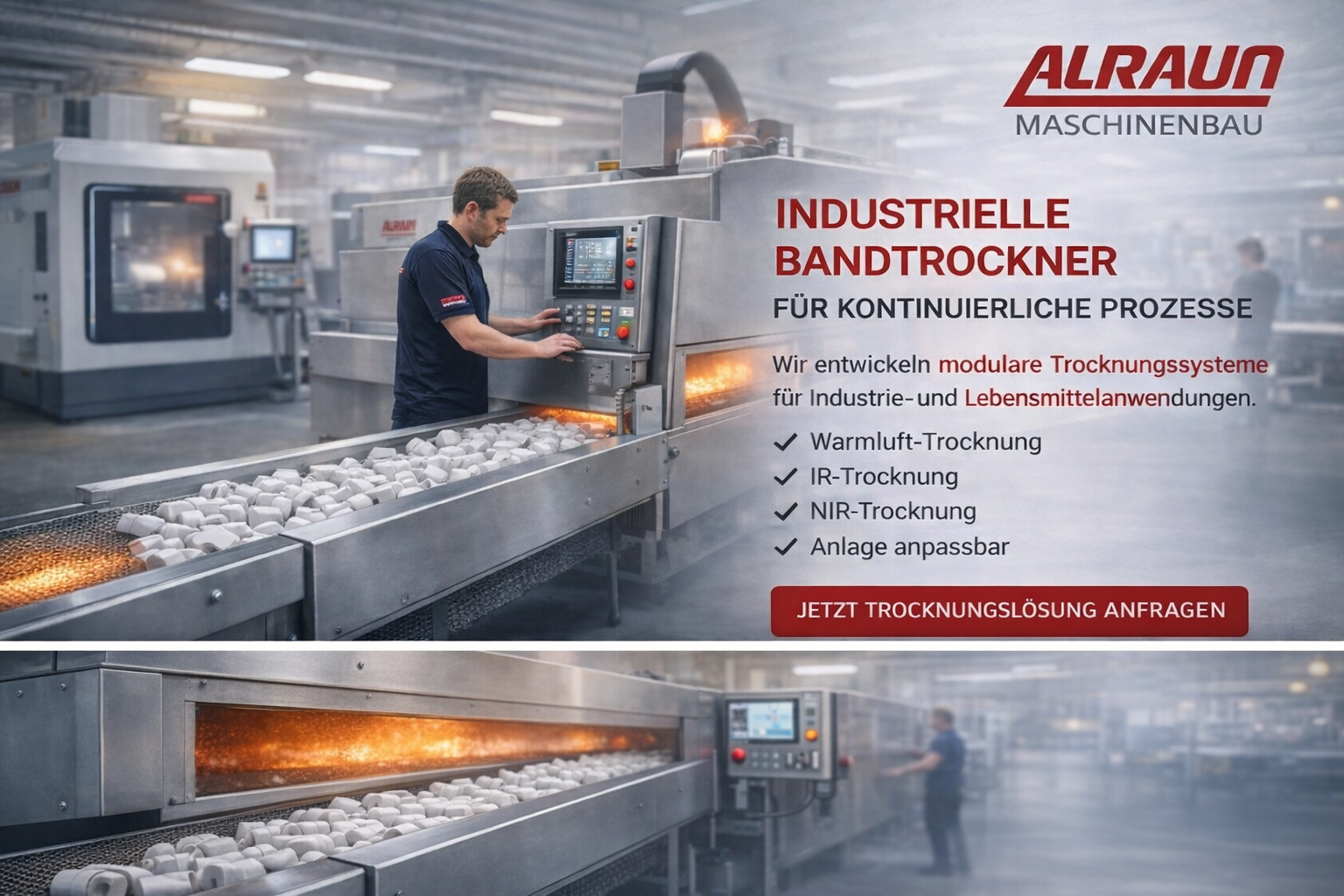 Industrieller Bandtrockner und Trocknungssystem für kontinuierliche Industrieprozesse mit Warmluft-, IR- und NIR-Trocknung