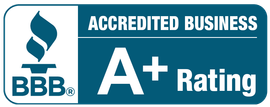 BBB Accredited Business logo with A+ Rating. Dark blue and white design.