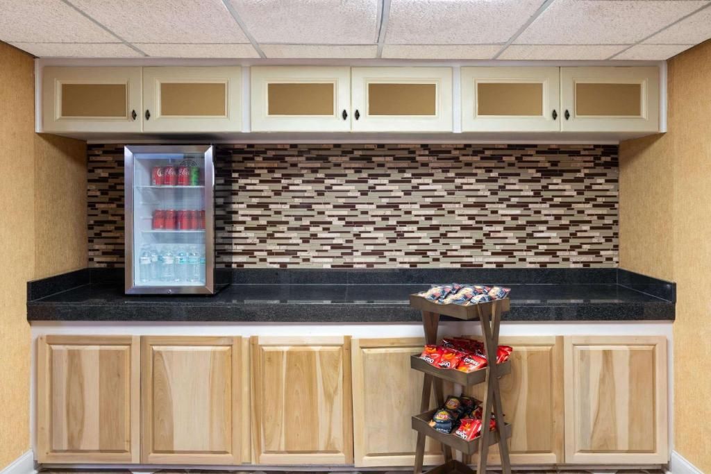 Bar area with wood cabinets, black countertop, mosaic tile backsplash, and mini-fridge.