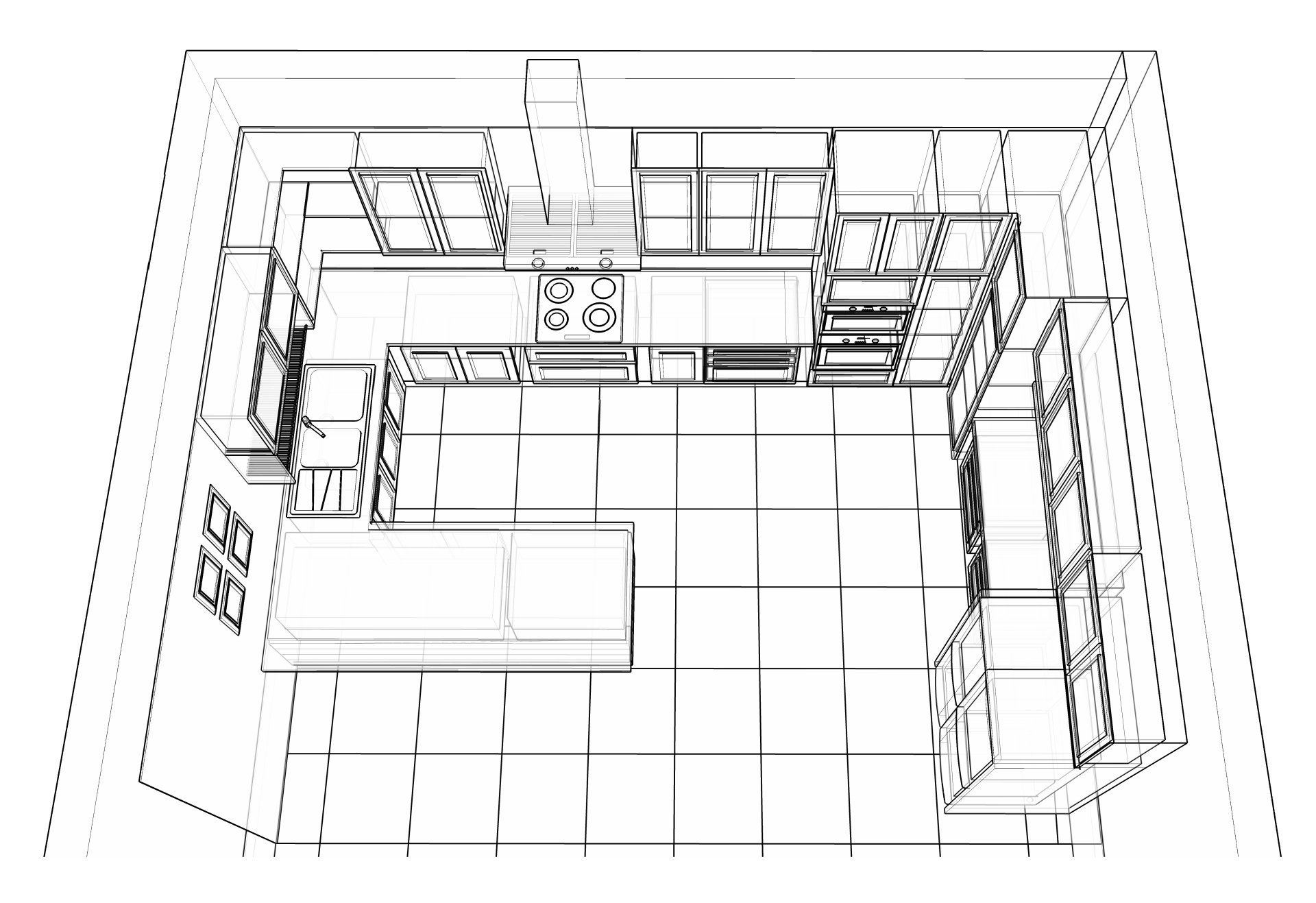 Kitchen line drawing — 3D wireframe plan by Rivers Kitchen Co
