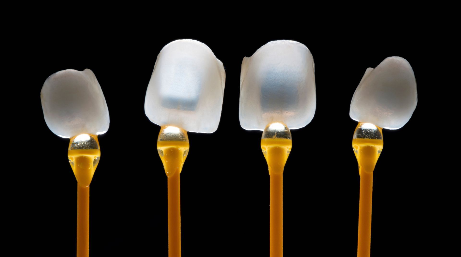 Four porcelain veneers displayed on yellow sticks against a black background.