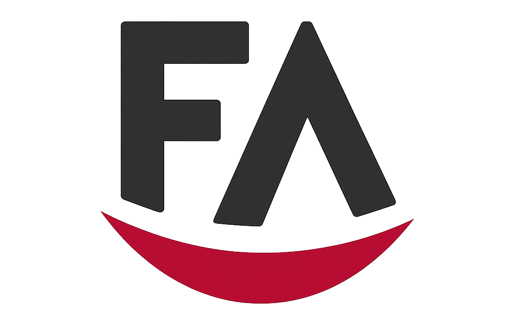 Logotipo “FA” estilizado en negro con un subrayado curvo rojo.