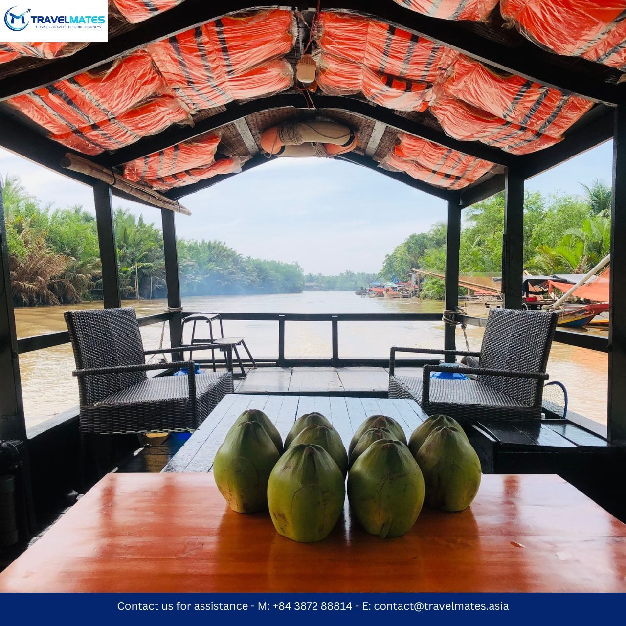 Visitors on a motor wooden boat in Mekong Delta tour