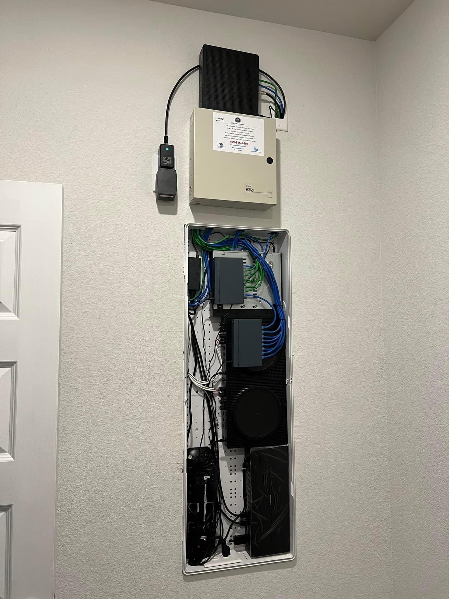 A wall mounted electrical box with a lot of wires coming out of it.
