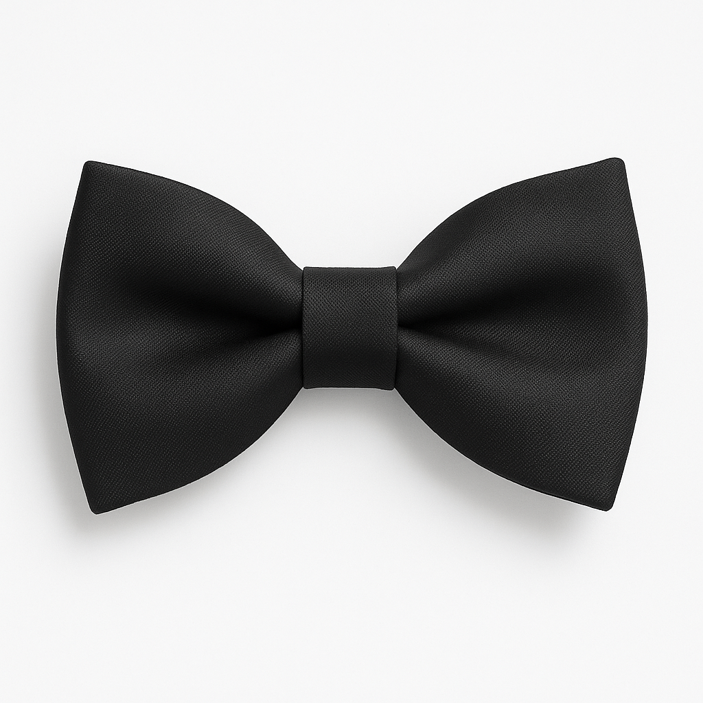 A close up of a black bow tie on a white background