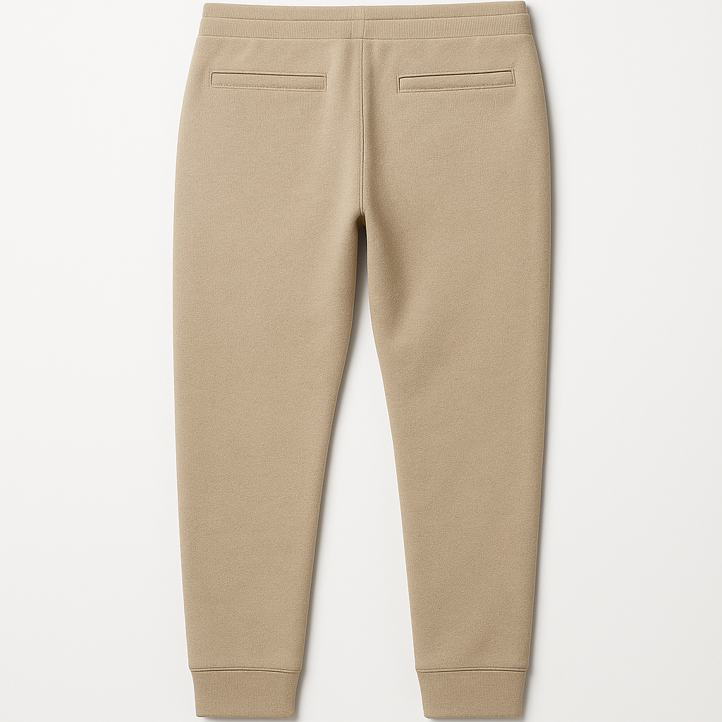 A pair of tan sweatpants with a drawstring waist