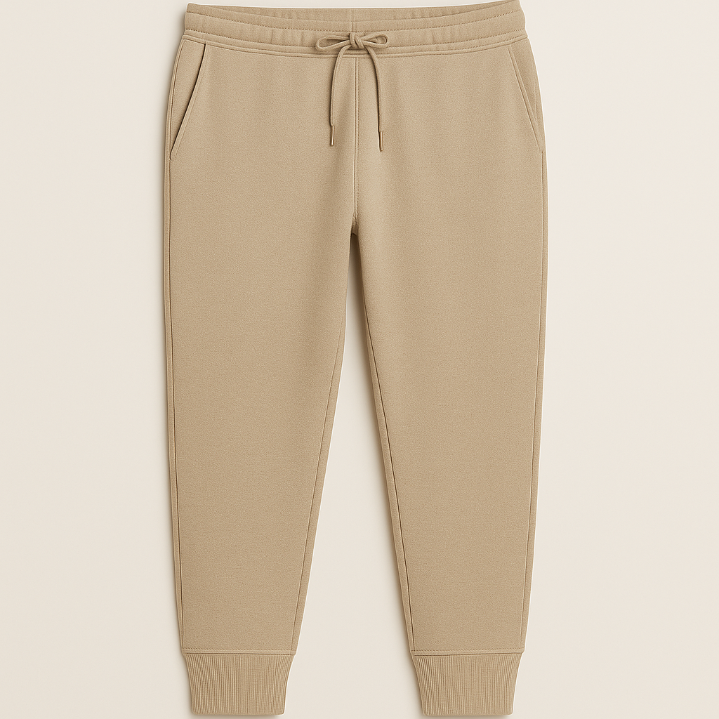 A pair of tan sweatpants with a drawstring waist
