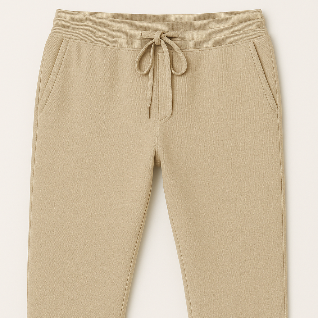 A pair of tan sweatpants with a drawstring waist