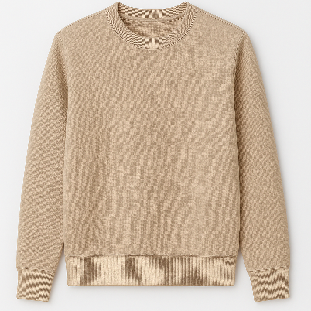 A tan sweater with long sleeves and a round neck