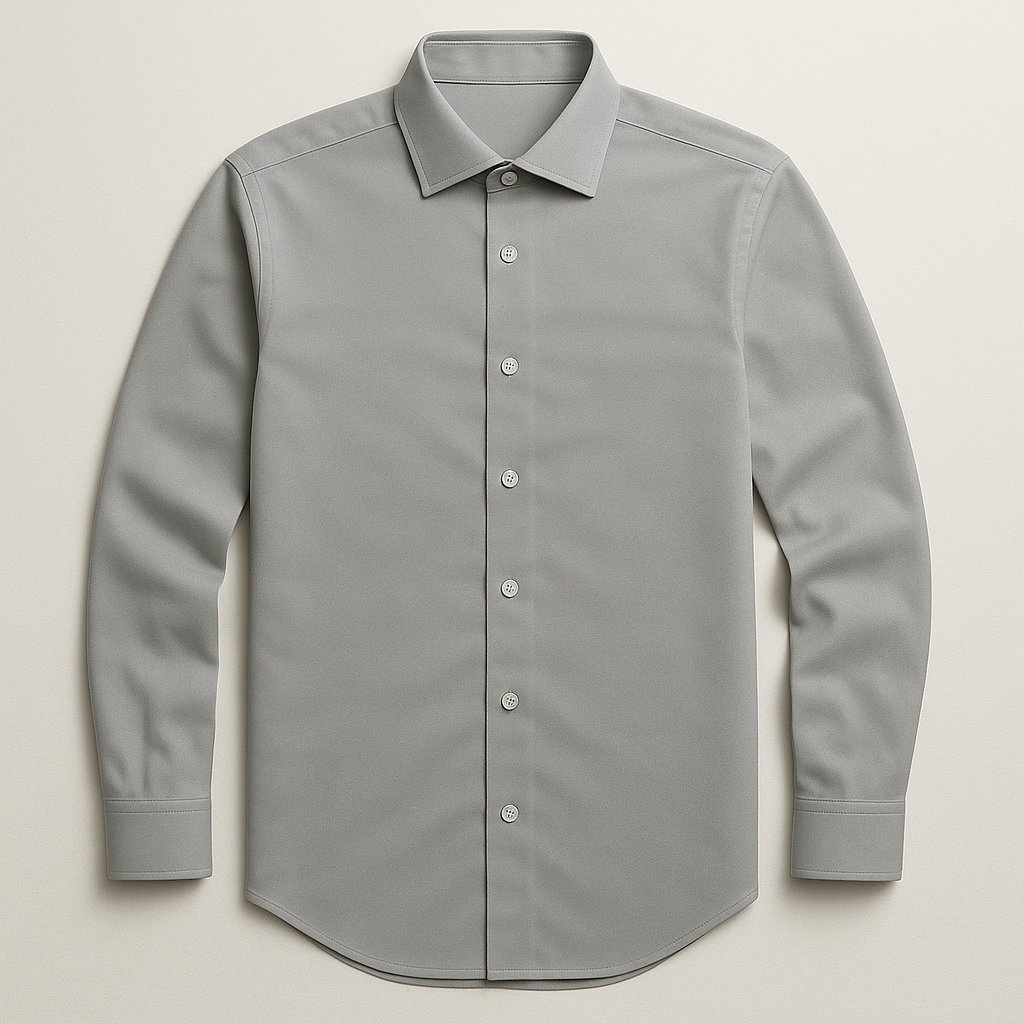 A grey dress shirt with long sleeves and white buttons