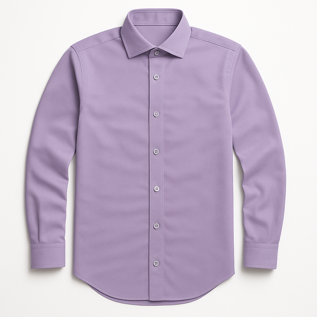A purple dress shirt with long sleeves and buttons