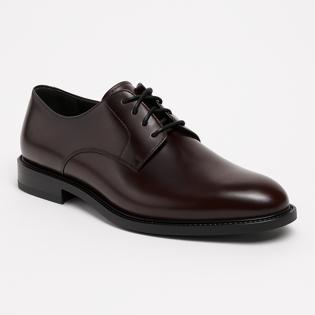 A pair of brown shoes with black laces on a white background