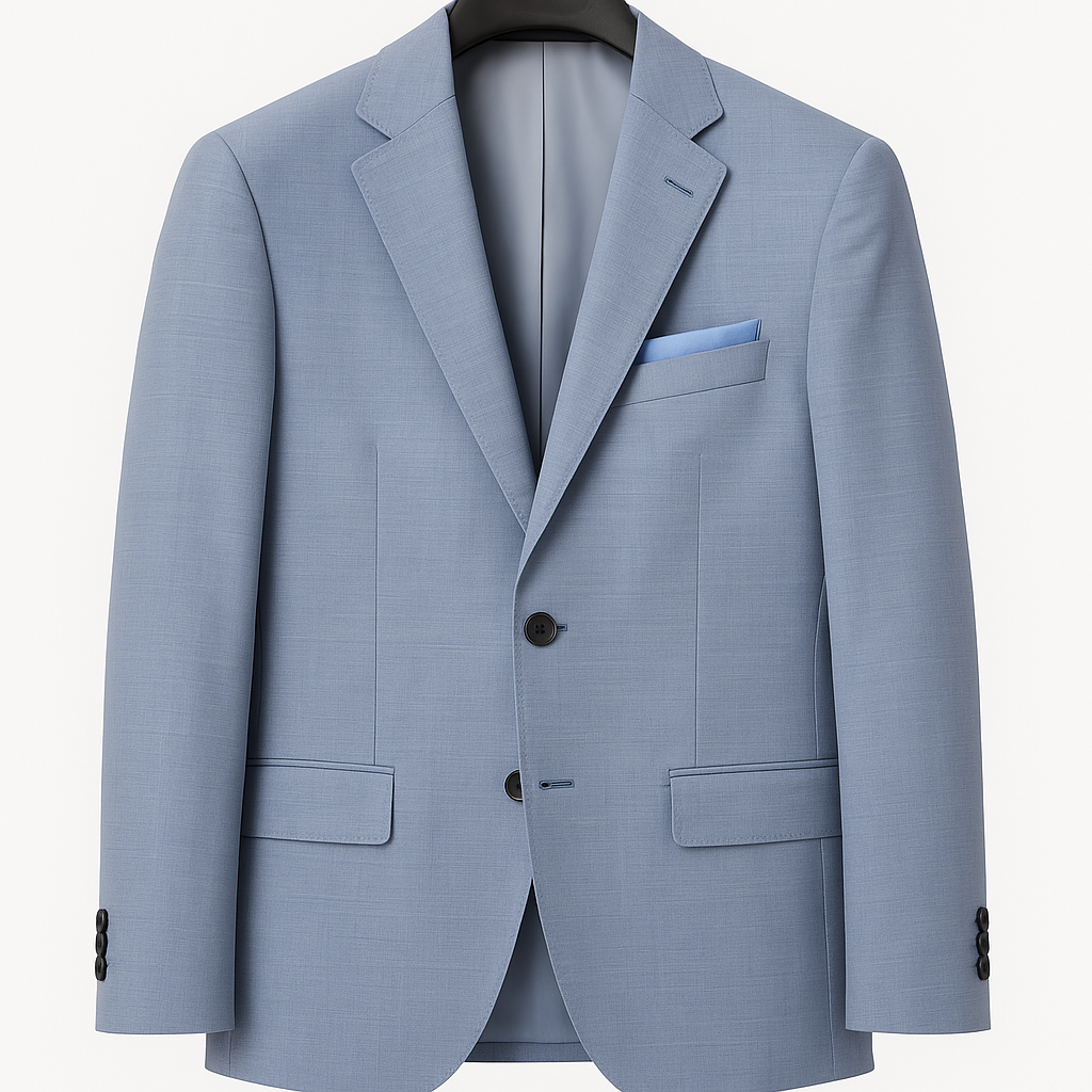 A light blue suit jacket with a blue pocket square