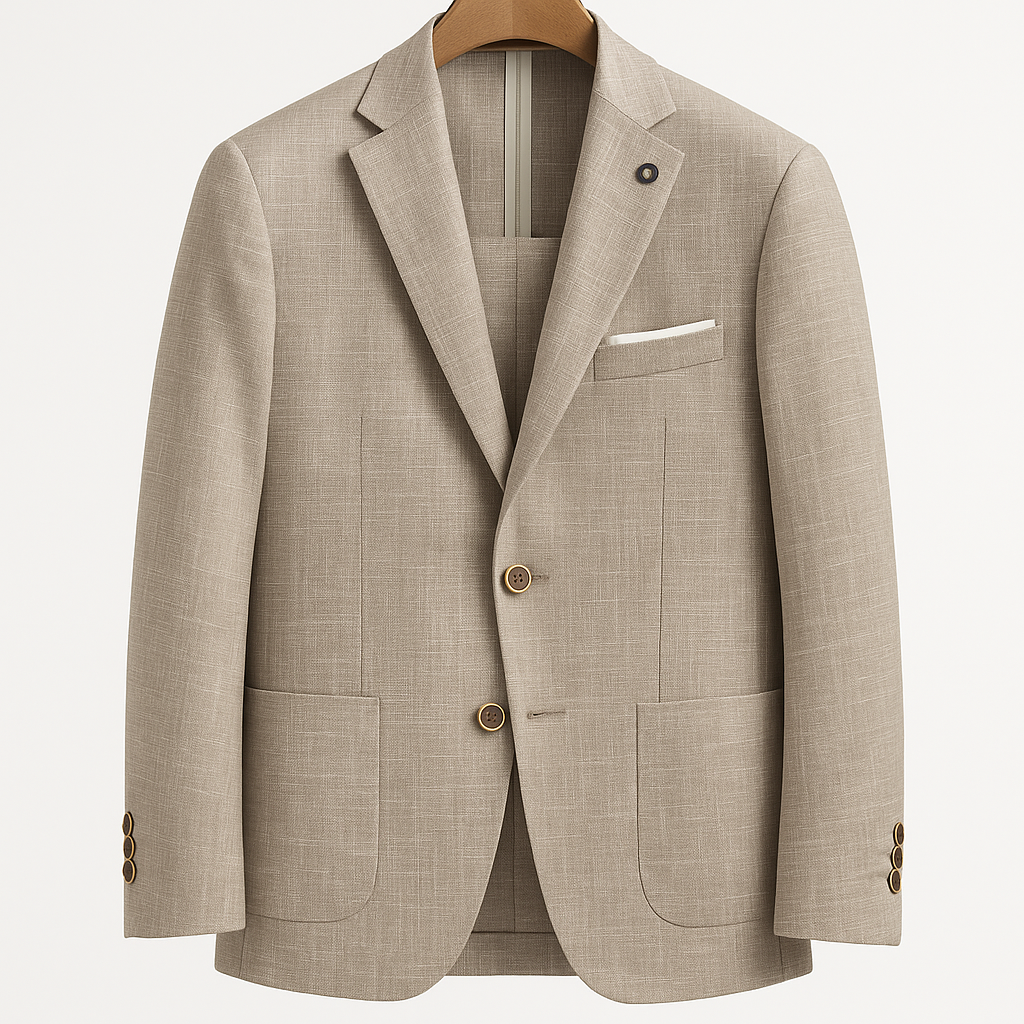 A tan suit jacket is hanging on a wooden hanger.