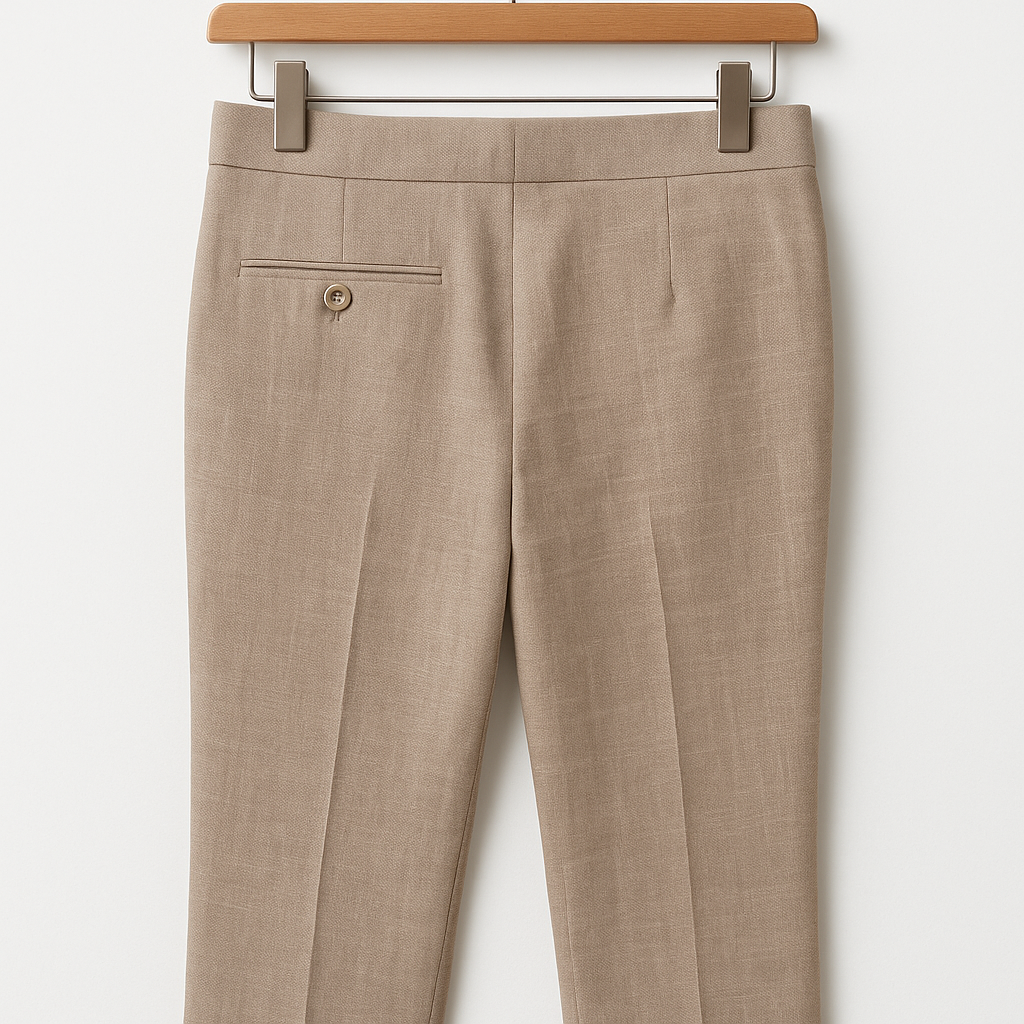 A tan suit jacket is hanging on a wooden hanger.