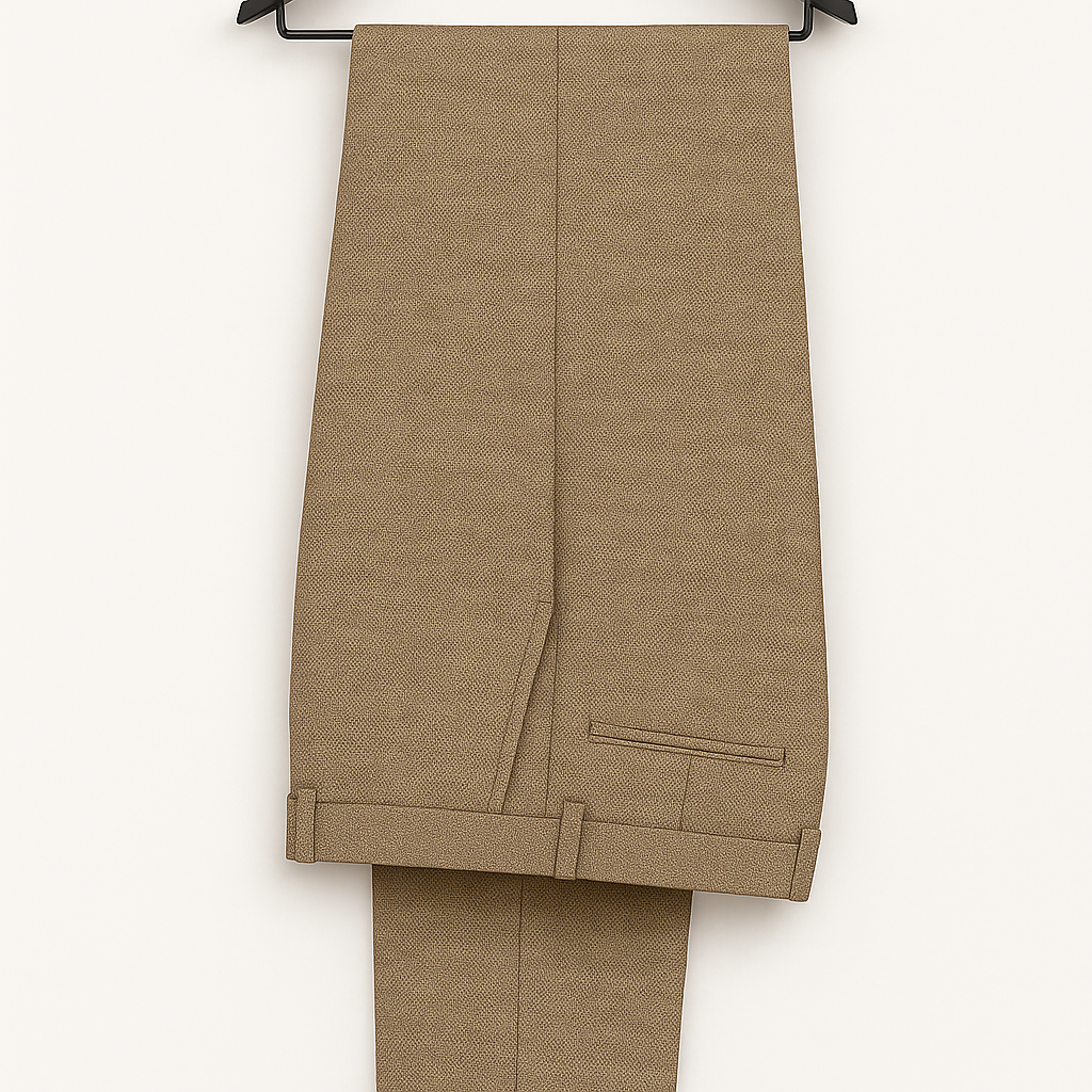 A tan suit with a blue pocket square