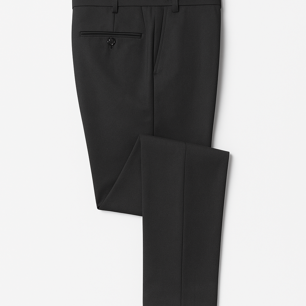 A black suit jacket is hanging on a hanger