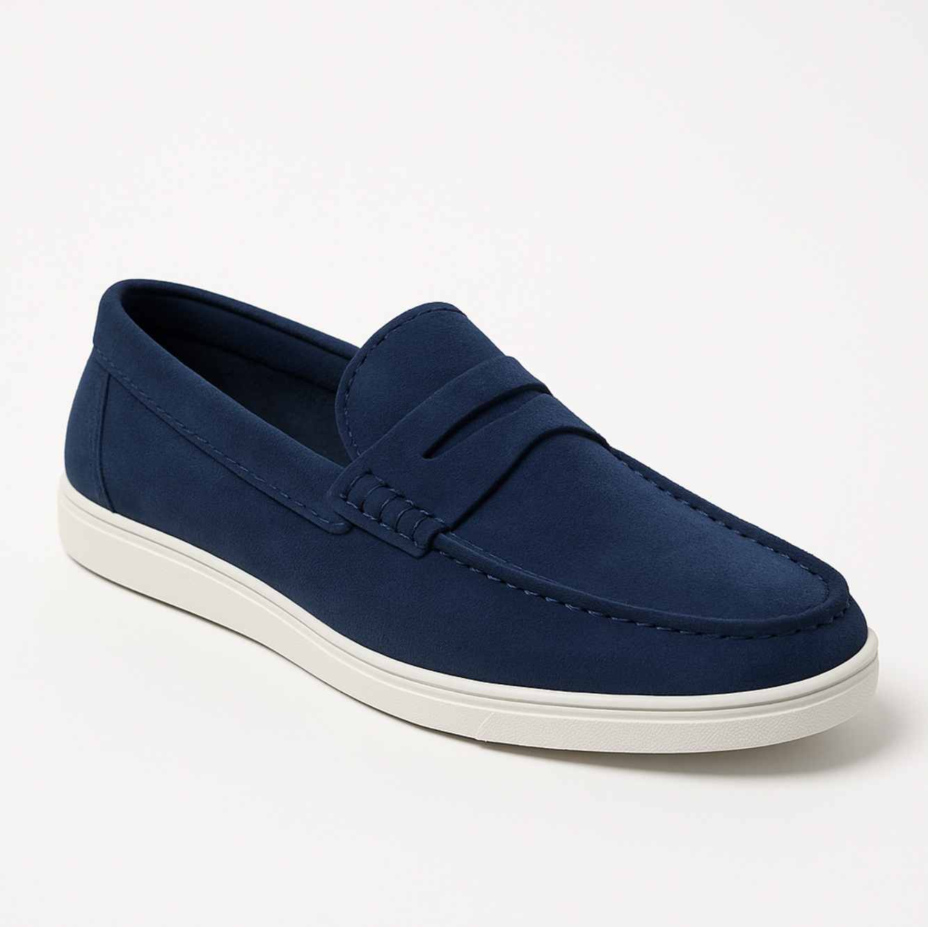 A pair of blue loafers with a white sole