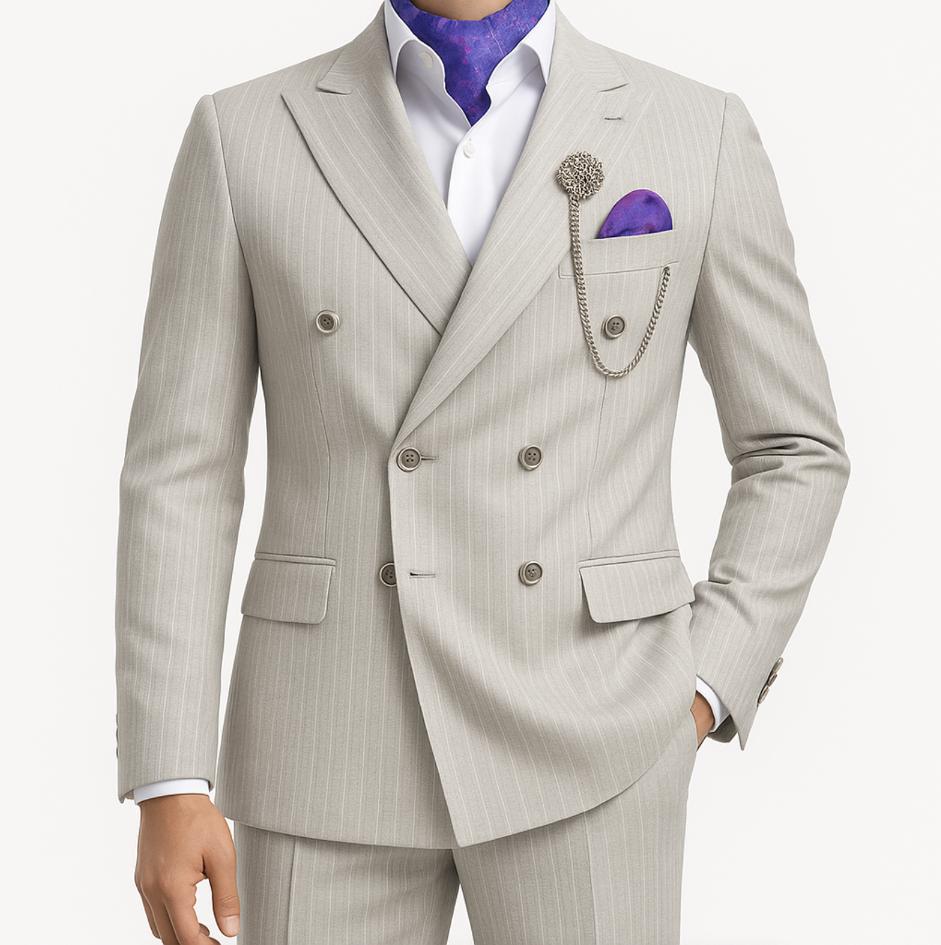 A man wearing a grey suit and purple tie italian