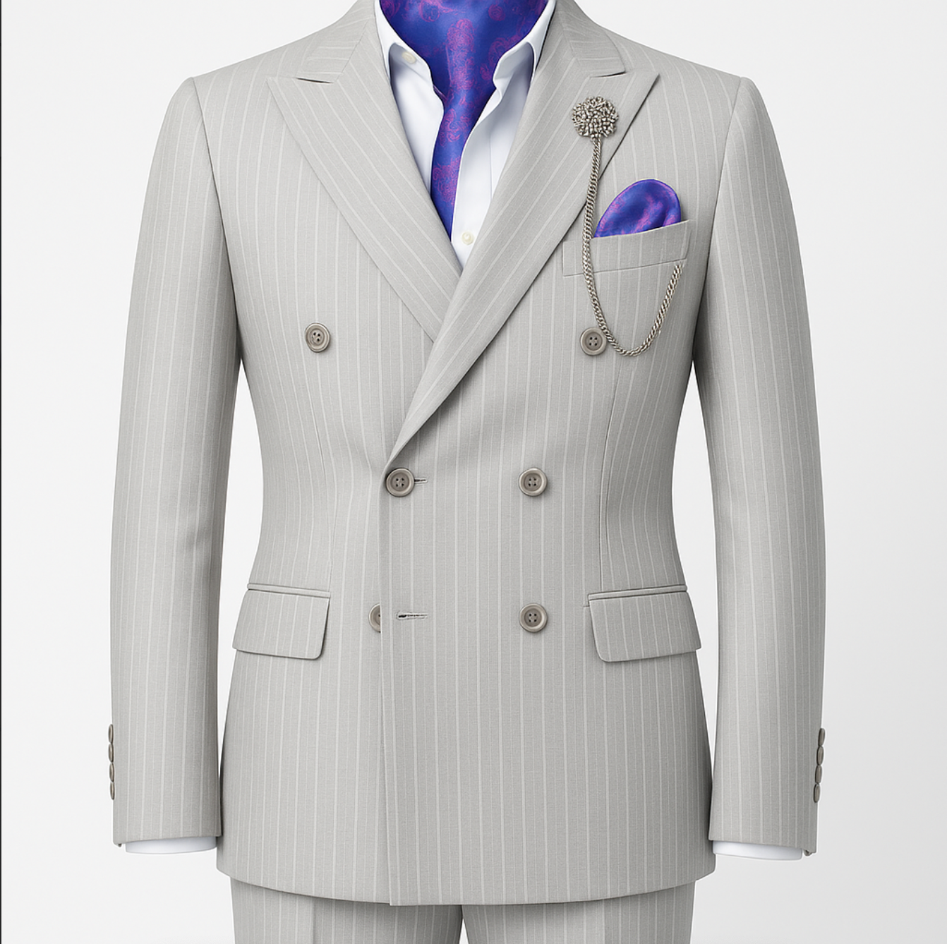 A man wearing a grey suit and purple tie