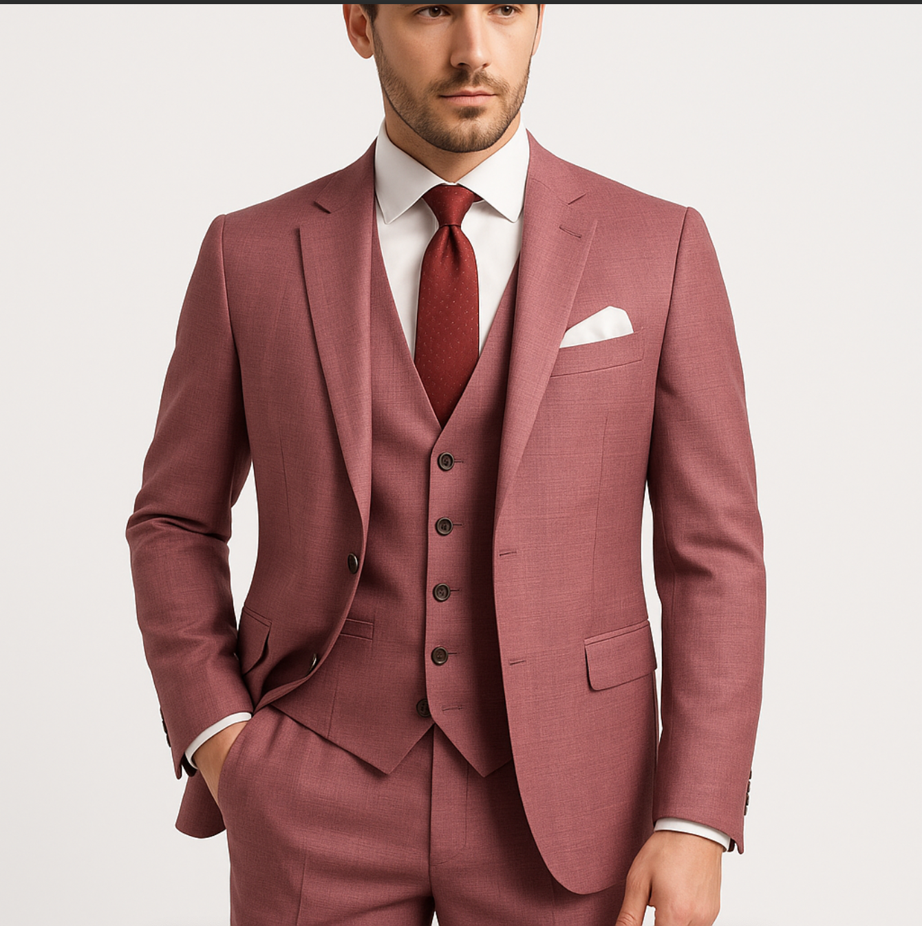 A man is wearing a pink suit and tie