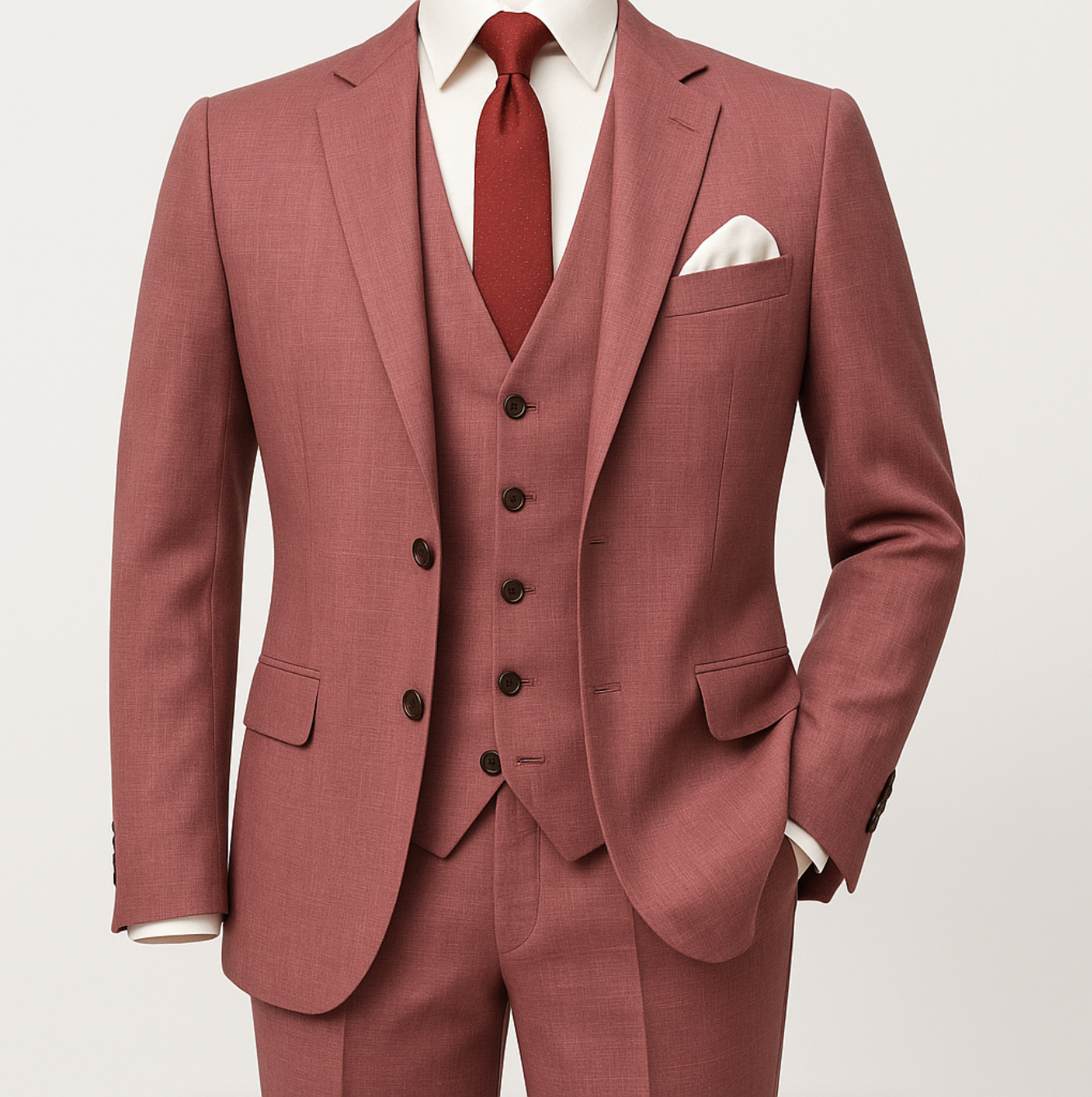 A man is wearing a pink suit and tie