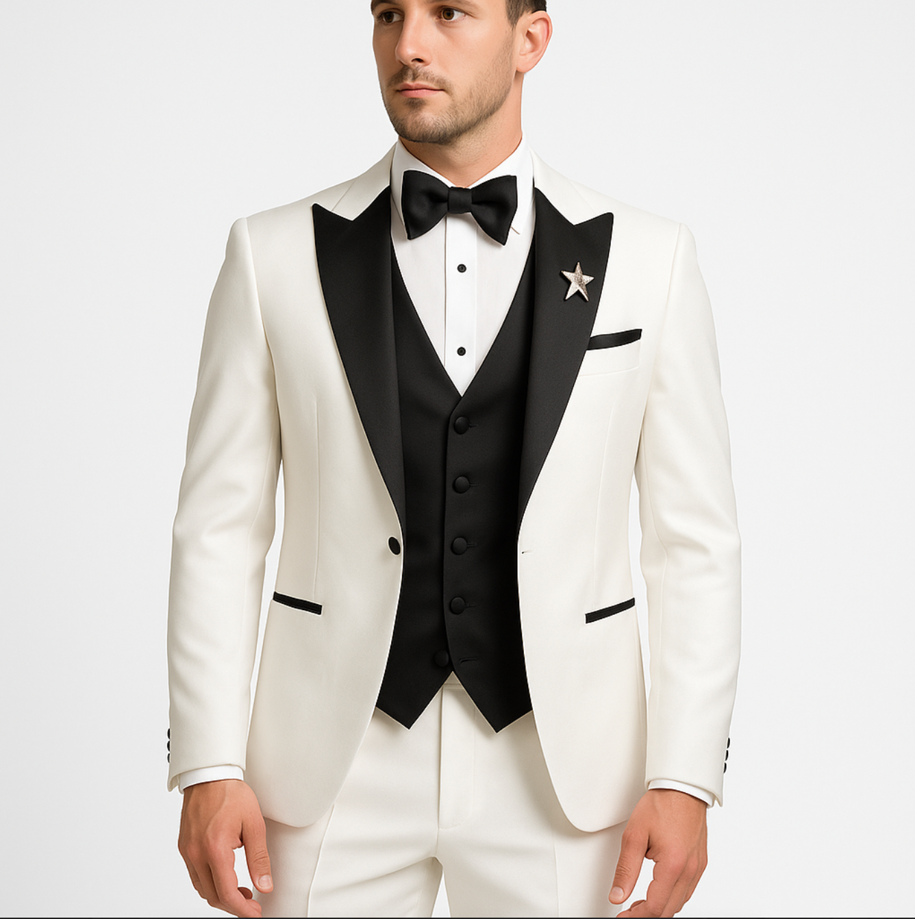 A man is wearing a white tuxedo with a black vest and bow tie