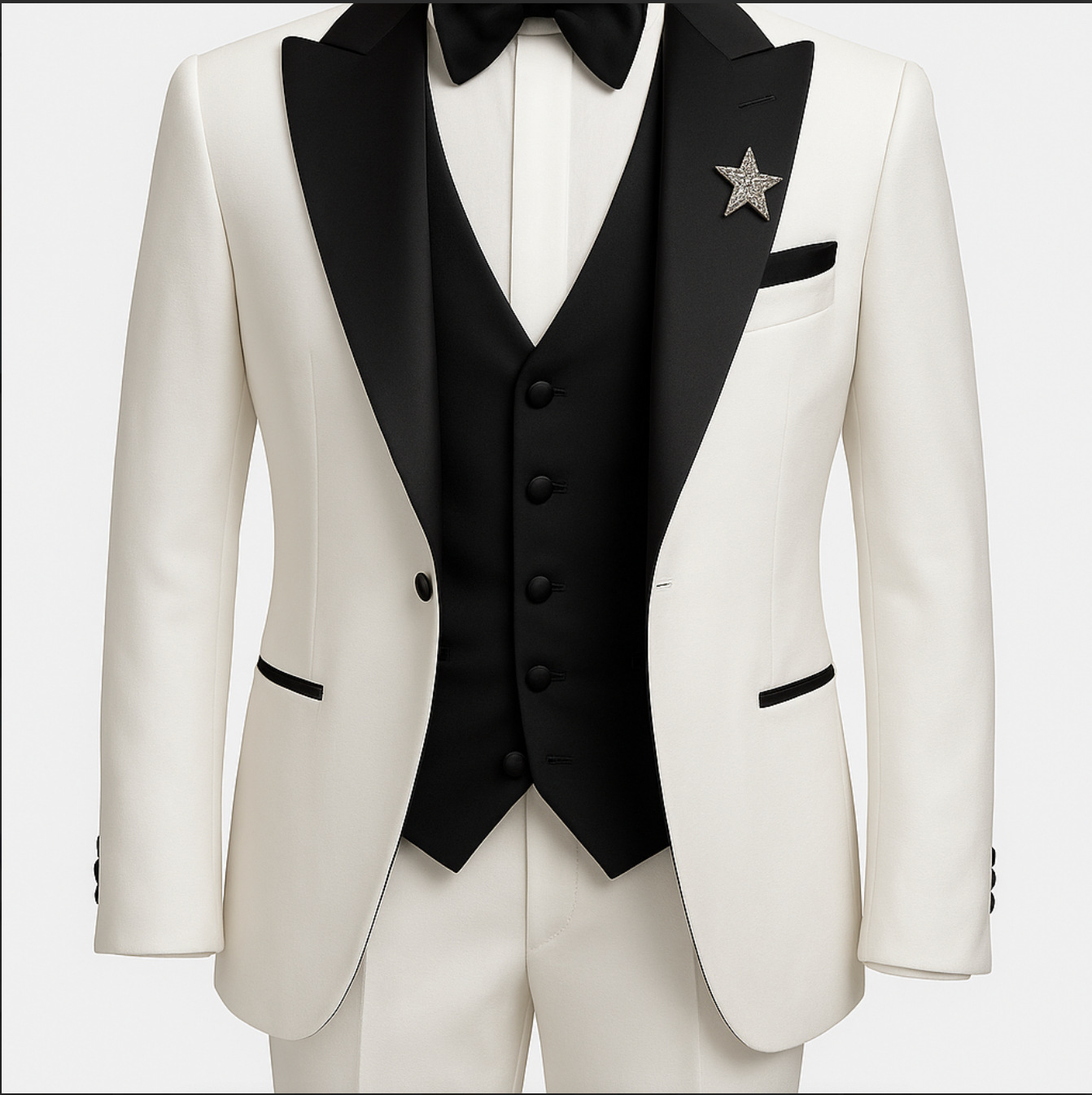 A man is wearing a white tuxedo with a black vest and bow tie