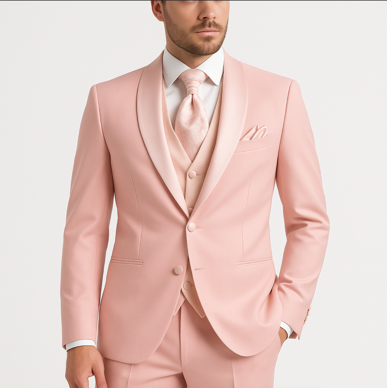 A man is wearing a pink suit and tie