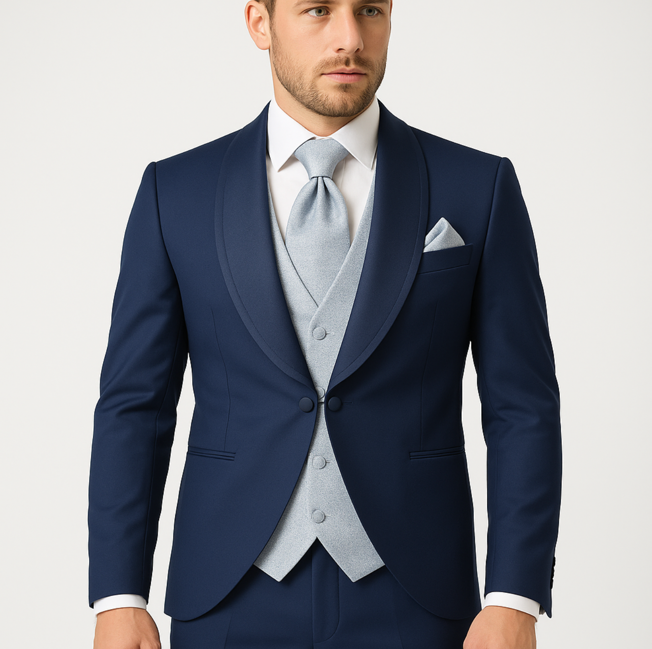 A man is wearing a blue suit with a grey vest and tie