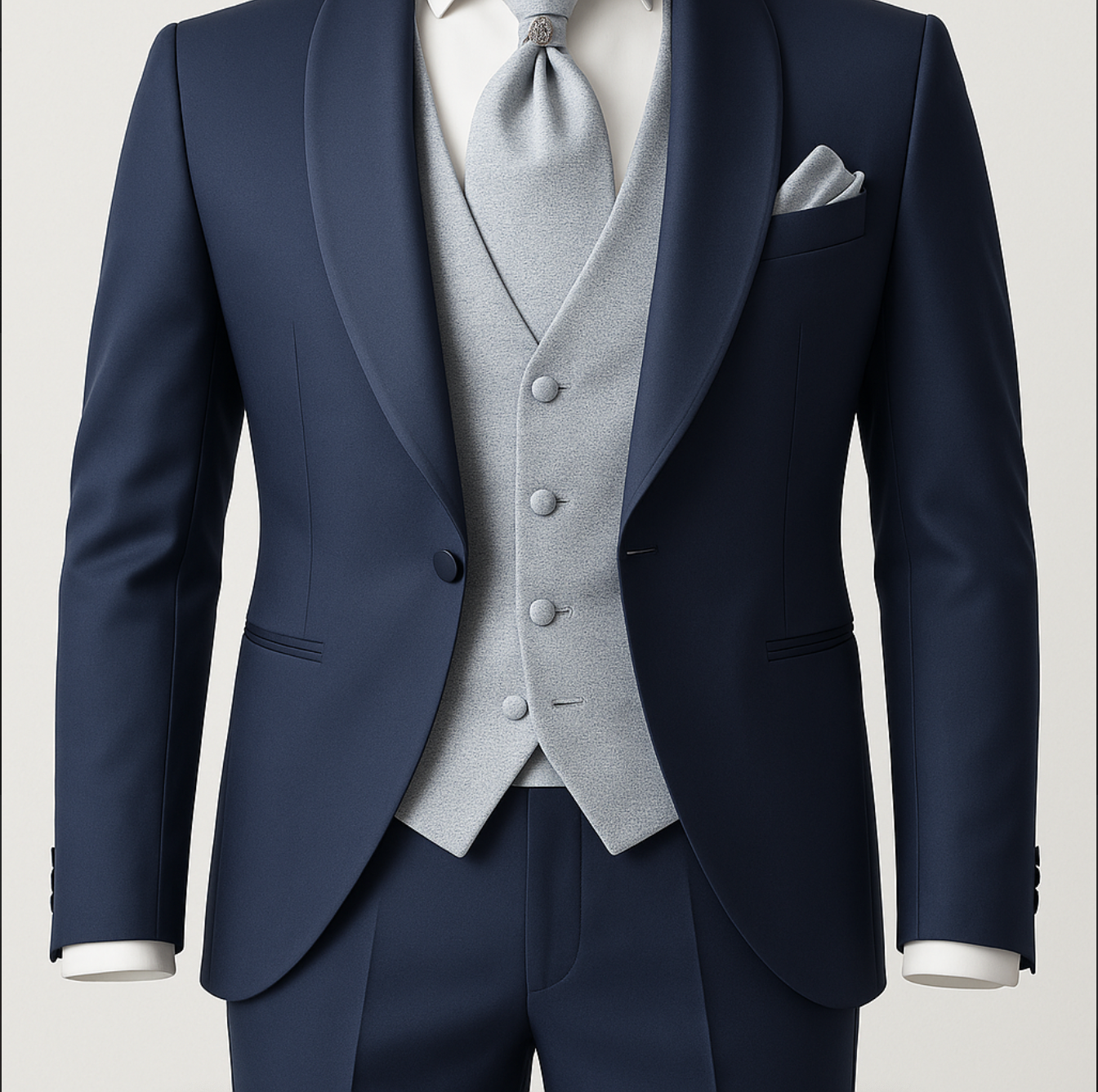 A man is wearing a blue suit with a grey vest and tie