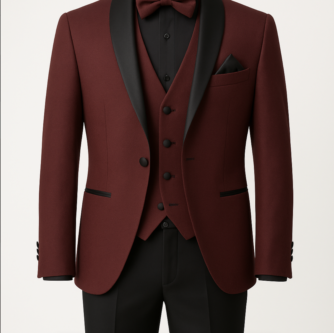 A man in a maroon tuxedo with a black bow tie