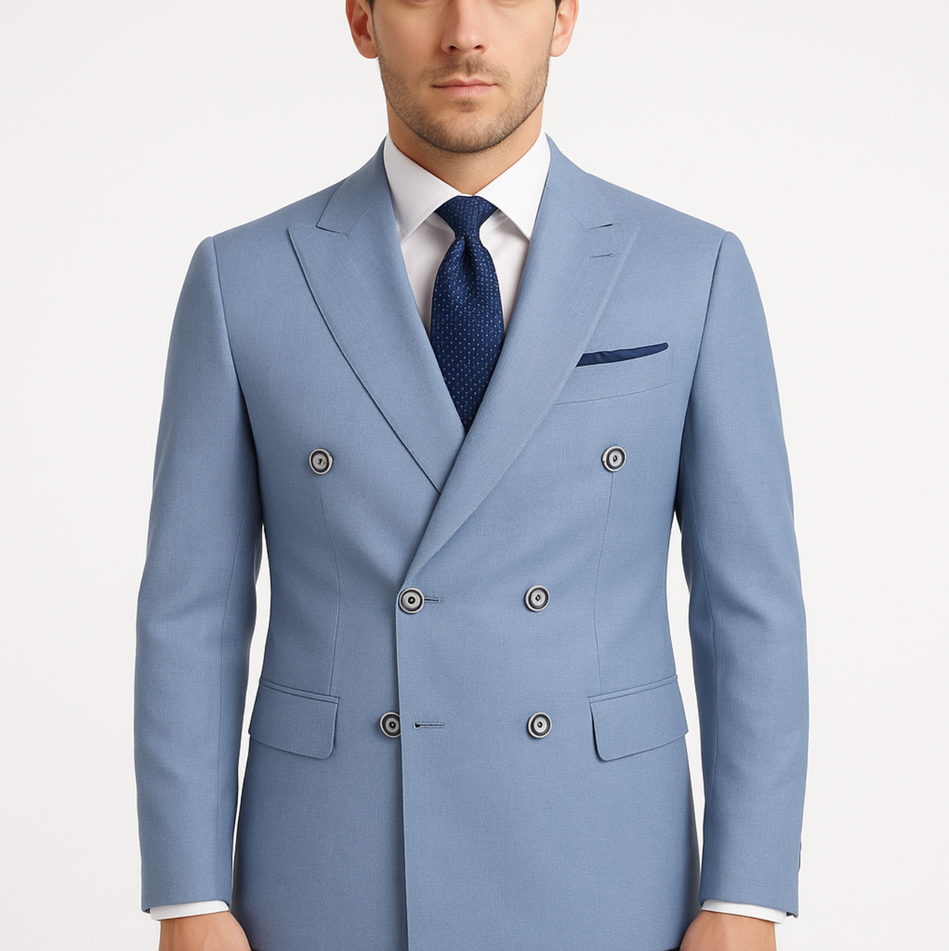 A man is wearing a light blue suit and tie