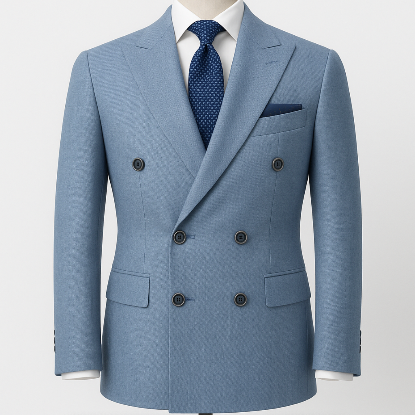 A man is wearing a light blue suit and tie