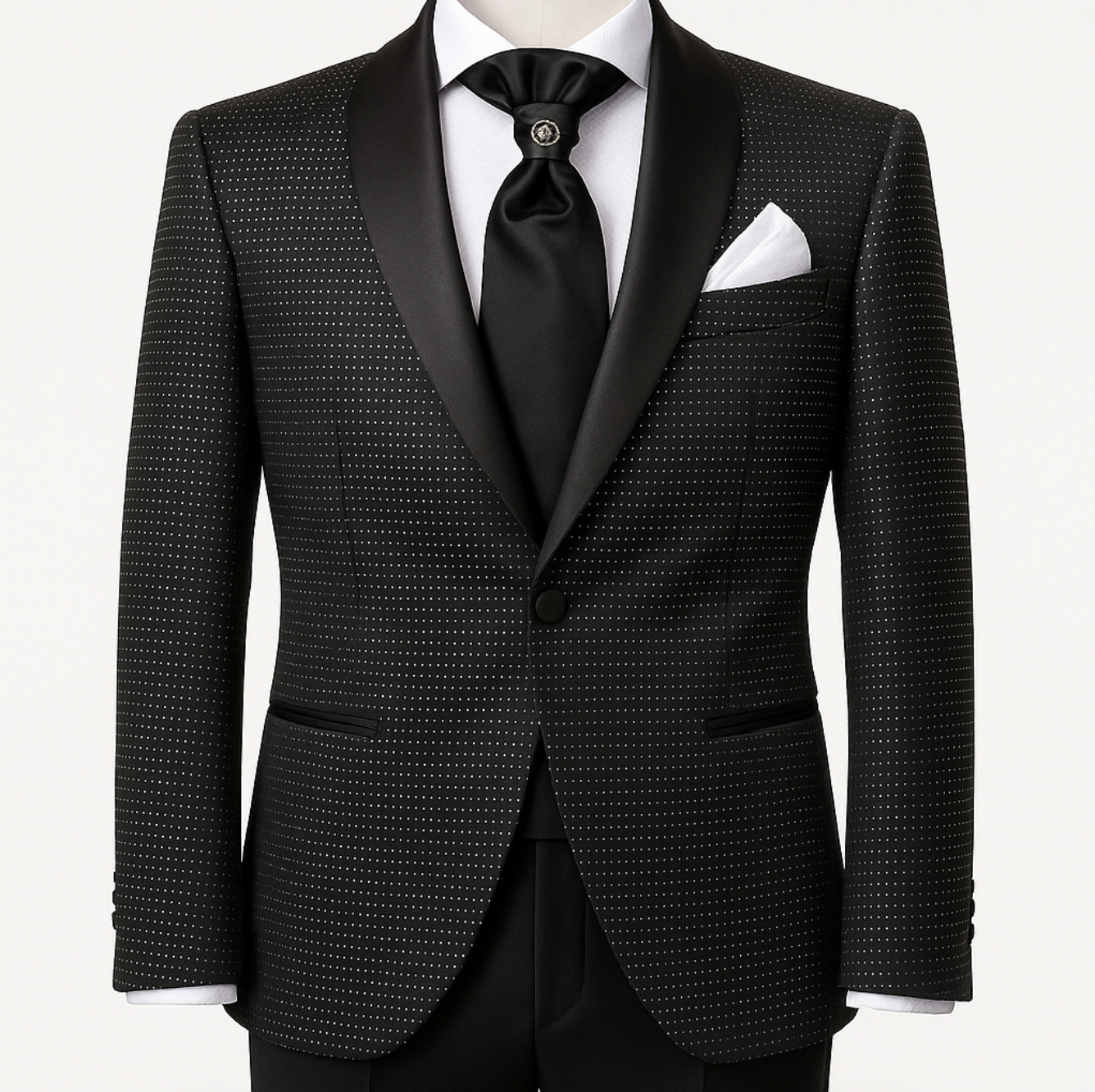 A man is wearing a black tuxedo and tie