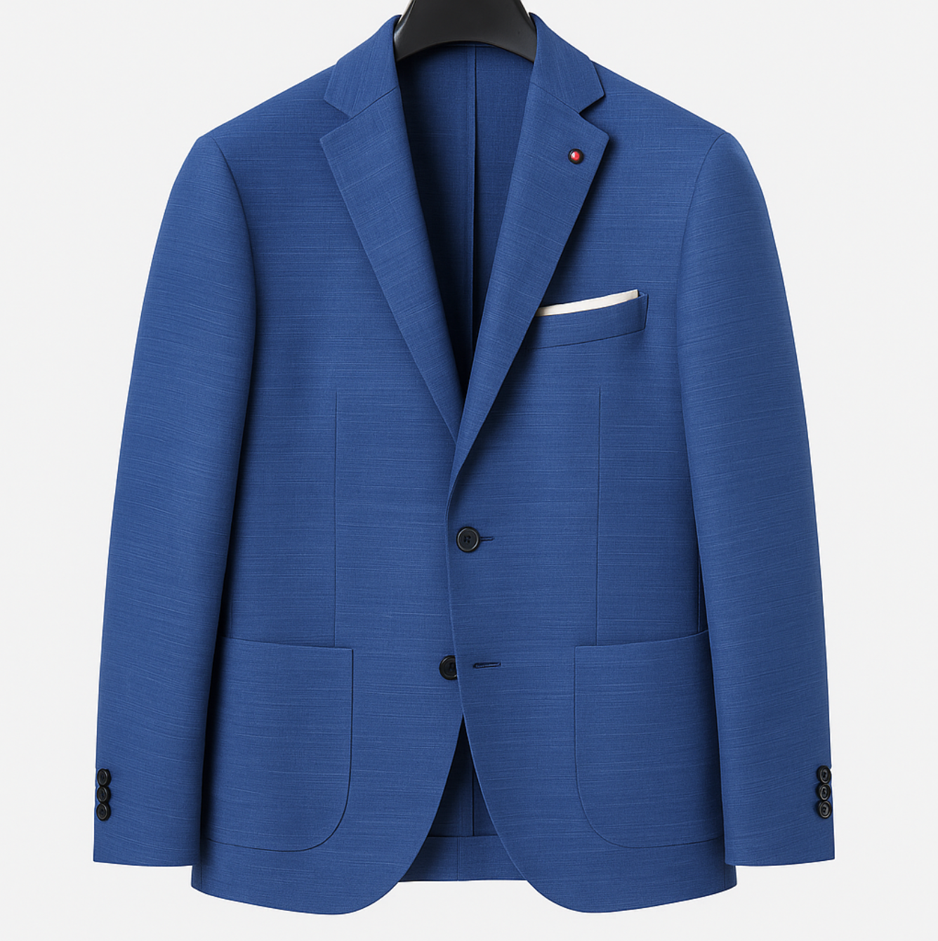 A blue suit jacket is hanging on a black hanger.