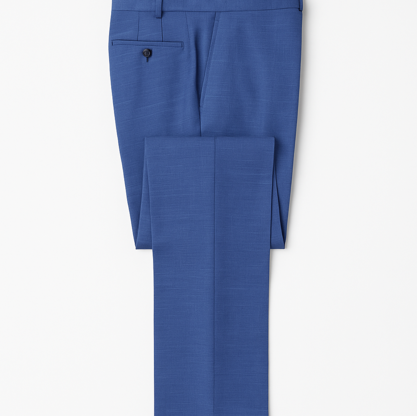 A blue suit jacket is hanging on a black hanger.