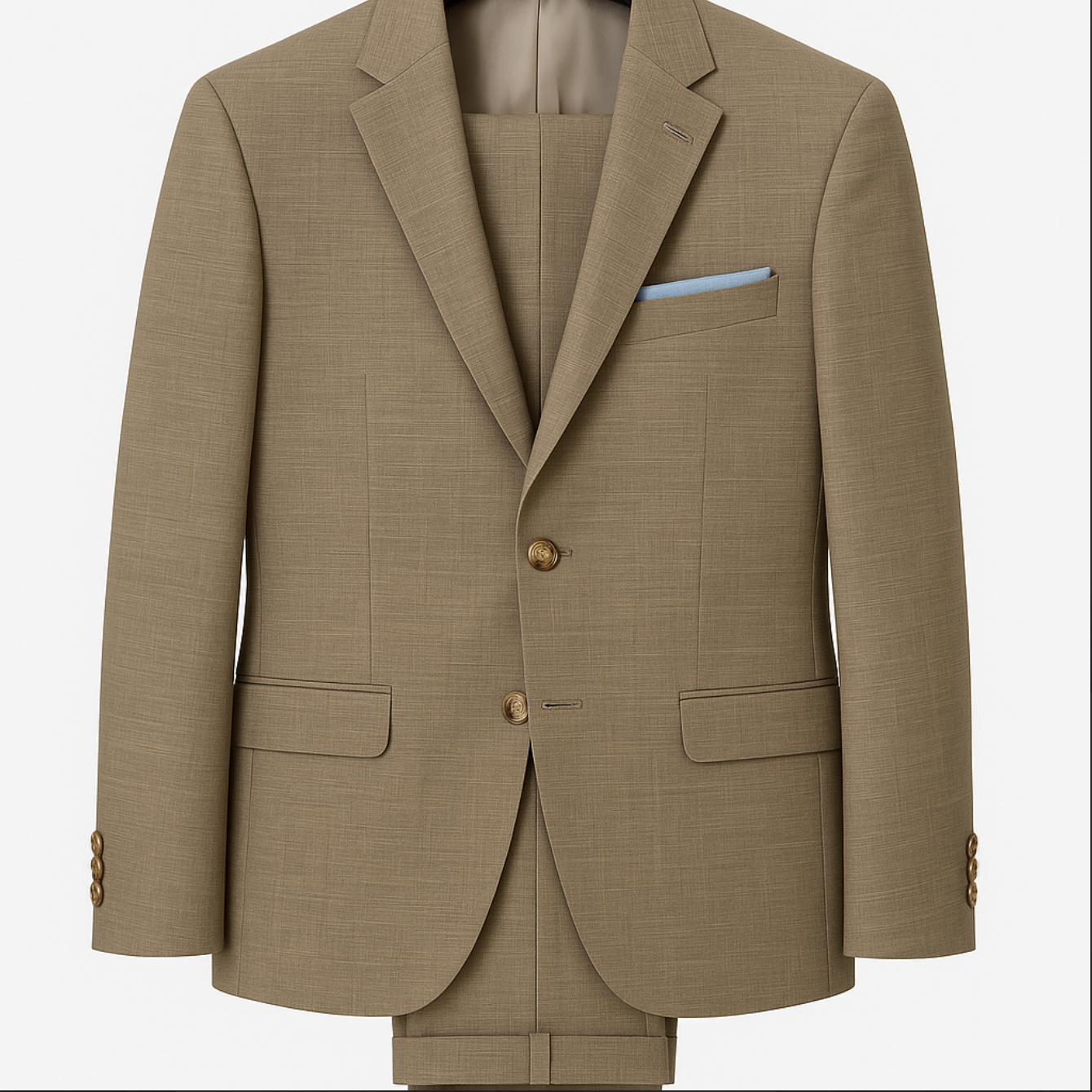 A tan suit with a blue pocket square